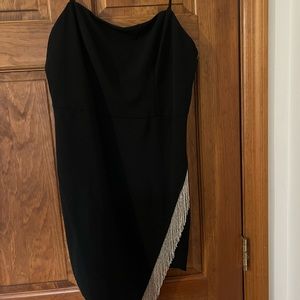 Black asymmetrical mini dress with silver beaded fringe